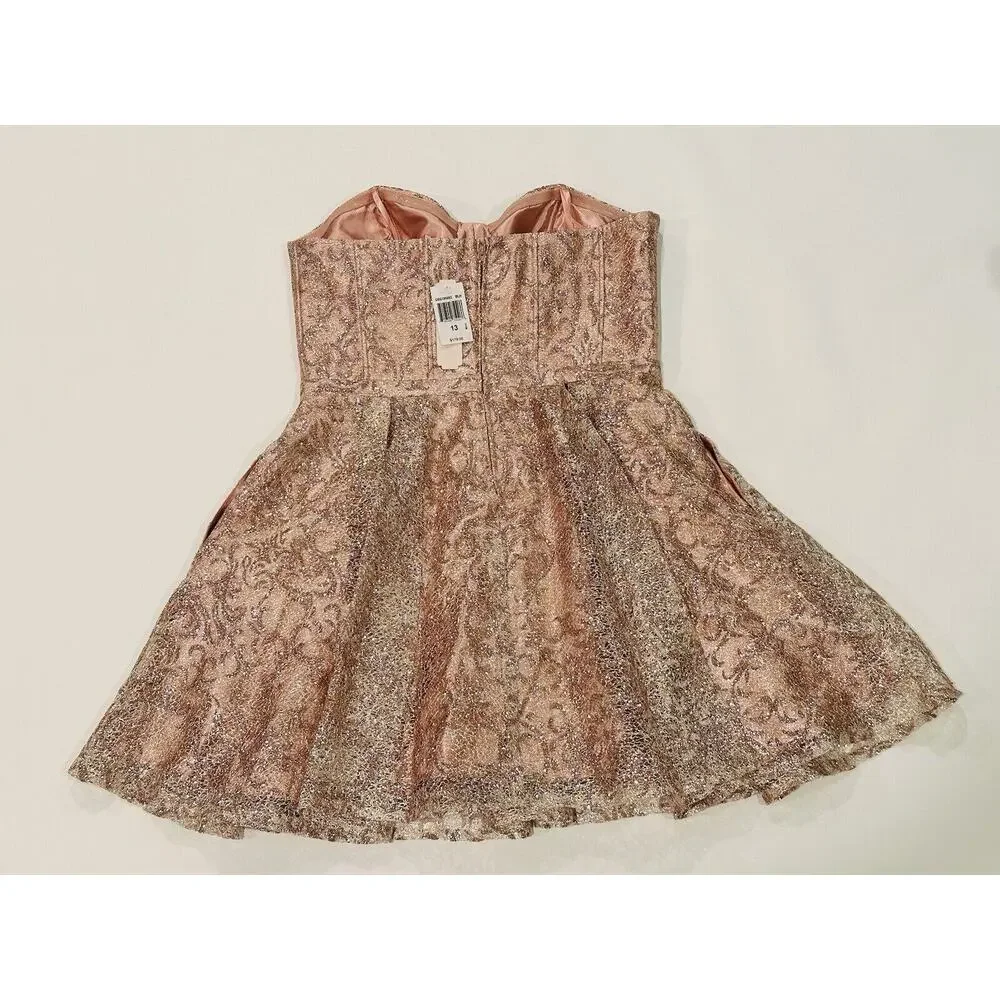 NEW GIANNI BINI GB Rose Gold Pink Silver Lace Overlay Strapless Size 13 $179 - Picture 7 of 14
